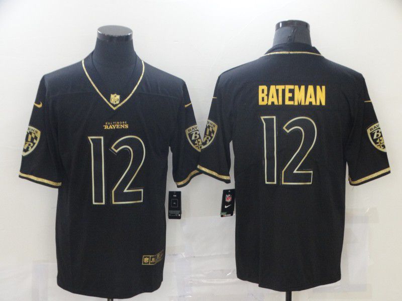 Men Baltimore Ravens 12 Bateman Black Retro Gold Lettering 2021 Nike NFL Jersey
